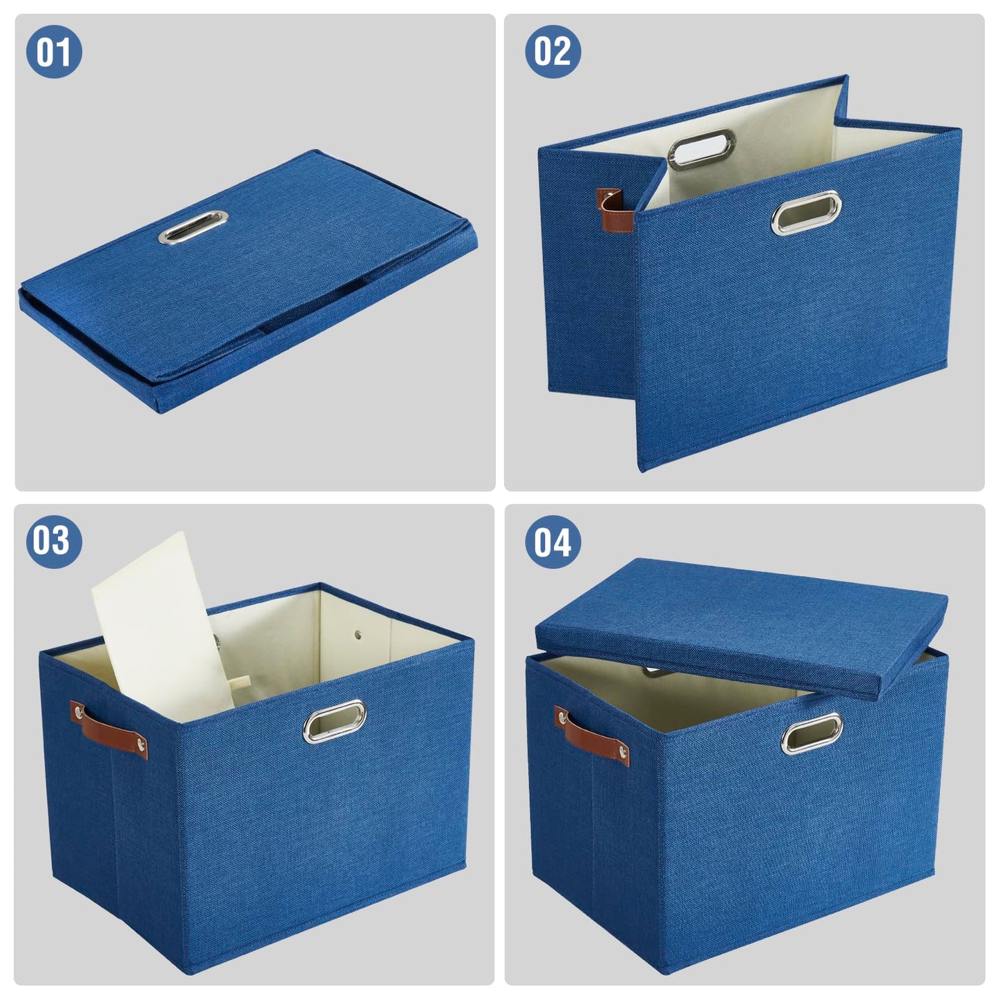 Roobyl 15" Large Collapsible Storage Bins with Lids, Stackable Closet Organizers with PU Handle and Labels, 3-Pack Decorative Fabric Storage Boxes for Home, Bedroom, Closet, Office, Nursery(Navy)