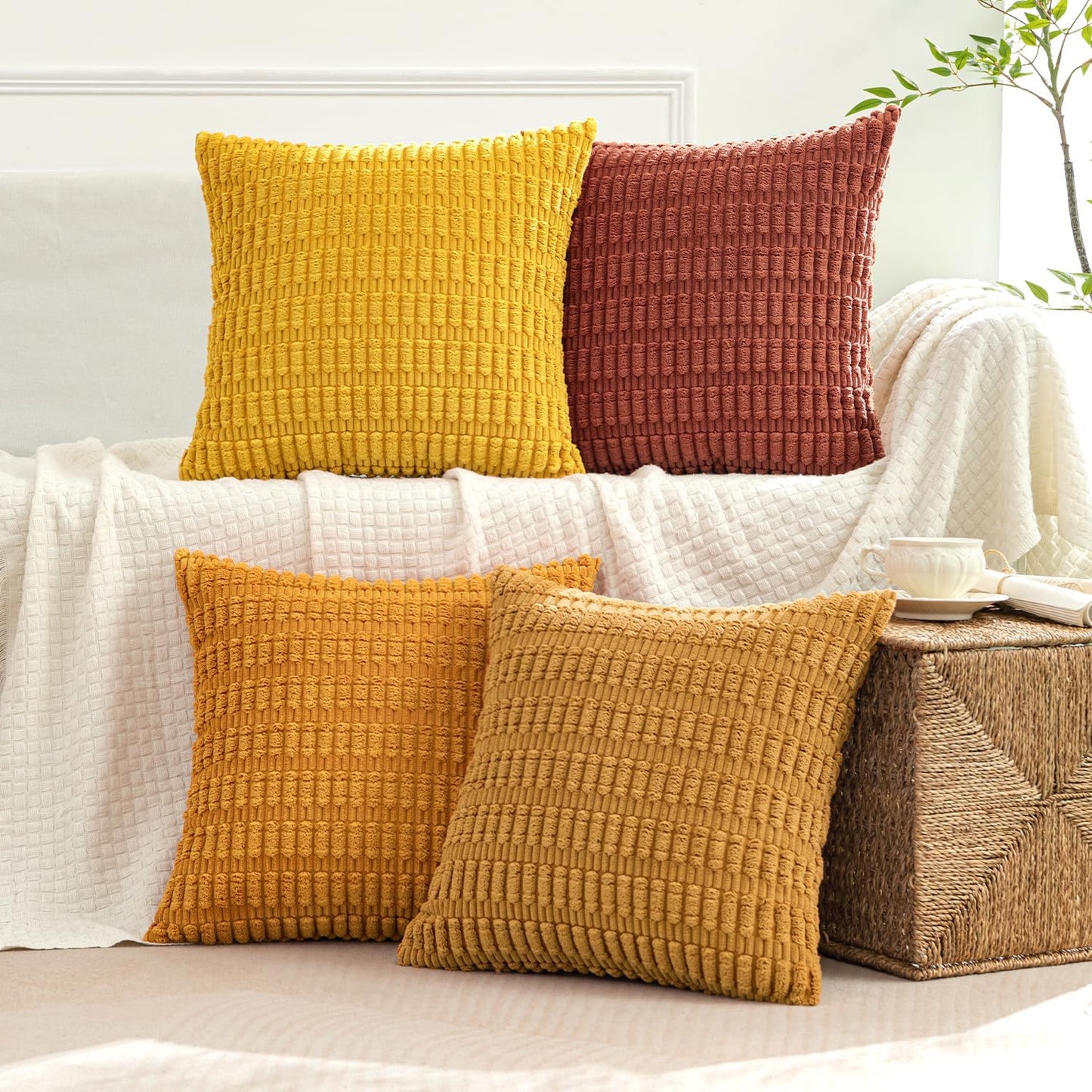 MIULEE Pack of 4 Fall Boho Farmhouse Orange Yellow Corduroy Decorative Throw Pillow Covers 18x18 Inch Soft Striped Pillow Covers Modern Rustic Home Decor for Sofa Living Room Couch Bed