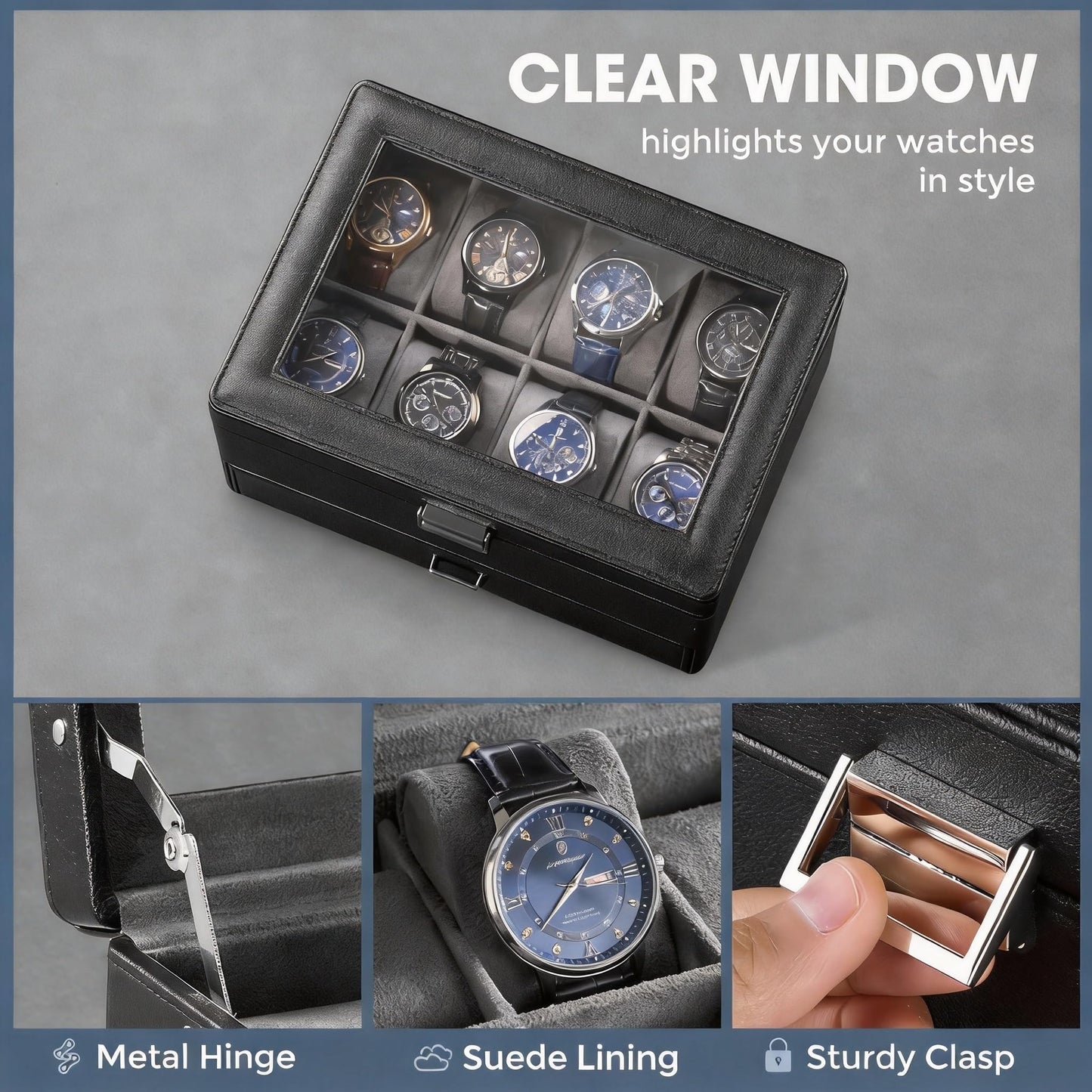 ProCase Premium Watch Box for Men, Fathers Day Gift for Dad Jewelry Organizer Box with Drawer, Display Storage Case with Glass Lid -Black, 8 Slot