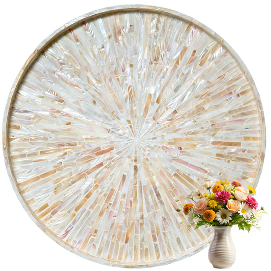 22" Extra Large Round Mother of Pearl Ottoman Tray with Raised Edge – Handcrafted Capiz Shell Serving Tray for Coffee Table, Charcuterie & Breakfast in Bed, Coastal Farmhouse Gift