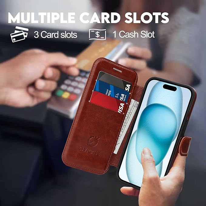 CIVICASE for iPhone 14 Pro Max Wallet Case with Stand,PU Leather Flip Credit Card Holder Slots (RFID Blocking),Compatible with Magsafe Magnetic Holder Phone Cover Women Men,Dark Brown