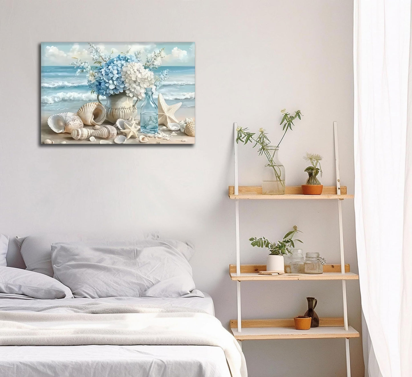 Blue Ocean Beach Wall Art Coastal Bathroom Poster Print Sea Vase Canvas Wall Decor Seaside Seashell Painting Picture for Bathroom Bedroom Living Room Kitchen Office Framed