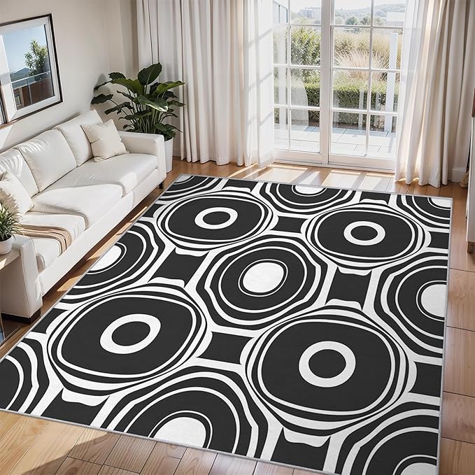Black and White Geometric Rugs for Home Decor, 6x9 ft, Ring Circle Area Rugs for Living Room, Soft Non Slip Washable Modern Abstract Carpet Bedroom Decorations Dt-Ghf-31