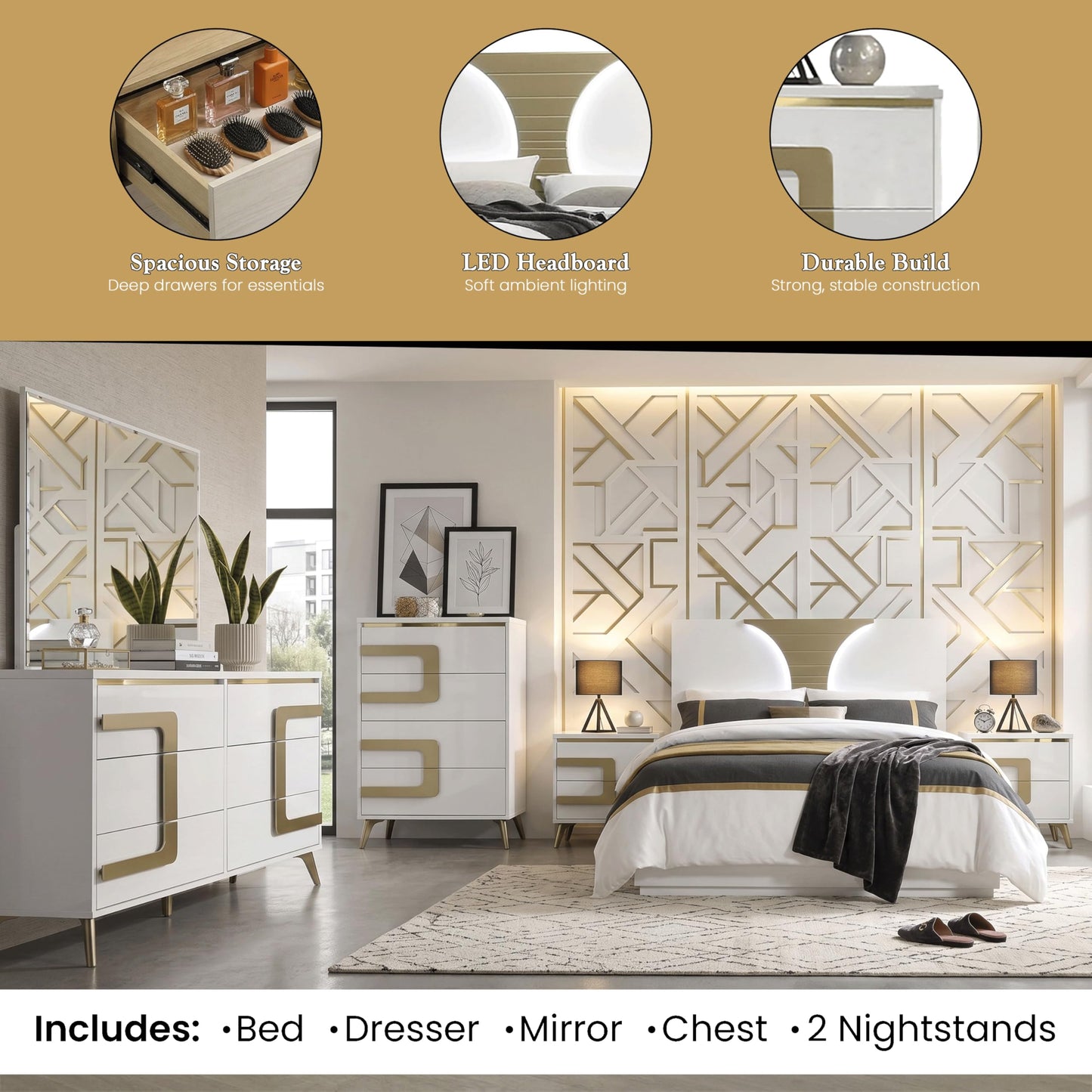 Kings Brand Furniture Claire 6-Piece Queen Size Bedroom Set - Bed with LED Headboard, Dresser, Mirror, Chest and 2 Nightstands, White/Gold
