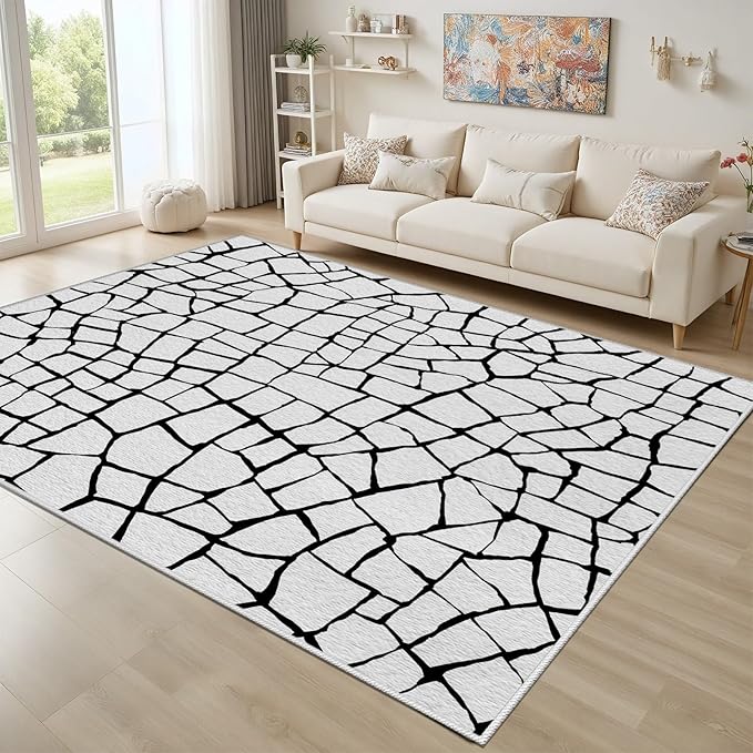 Black and White Area Rug, Abstract Rug 7x10, Contemporary Minimalist Rugs, Geometric Cracks Area Rugs, Modern Geometric Carpet for Living Room, Washable Non Slip Home Decor Mat