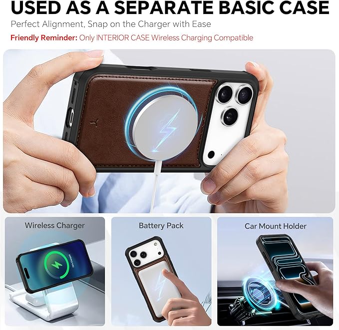 TUCCH 2-in-1 Detachable Wallet Case for iPhone 17 Pro Max (6.9-inch) 2025, Wireless Charging | RFID Blocking 4 Card Holders | Wrist Strap | Kickstand | Magnetic | PU Leather Cover | Chocolate Brown