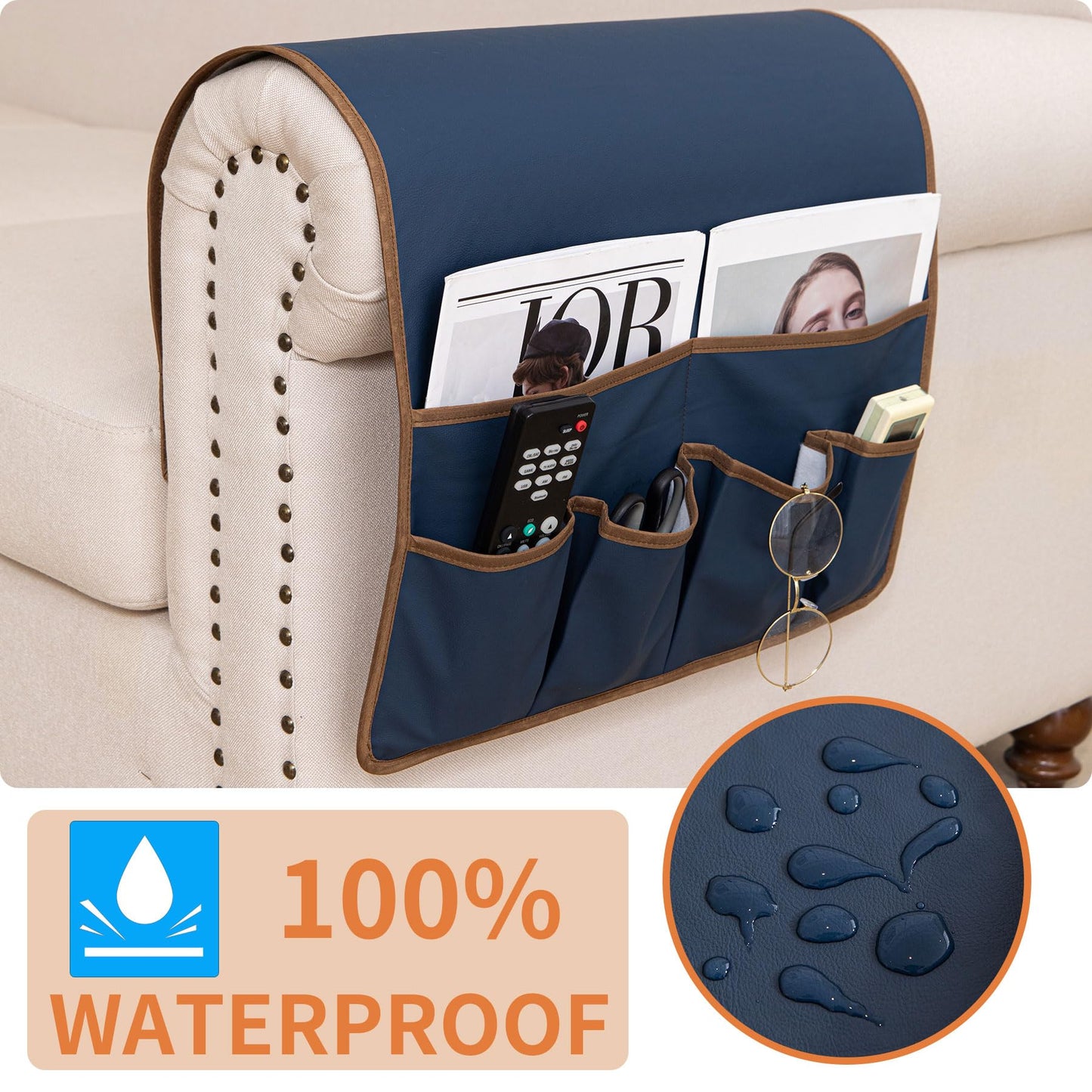 HAOMAIJIA Anti Slip Sofa Armrest Organizer Arm Chair Bedside Caddy Storage Organizer For Recliner Couch With 6 Pockets For Cell Phone Tv Remote Control (Navy Blue, 31.89 inches × 18.5 inches)