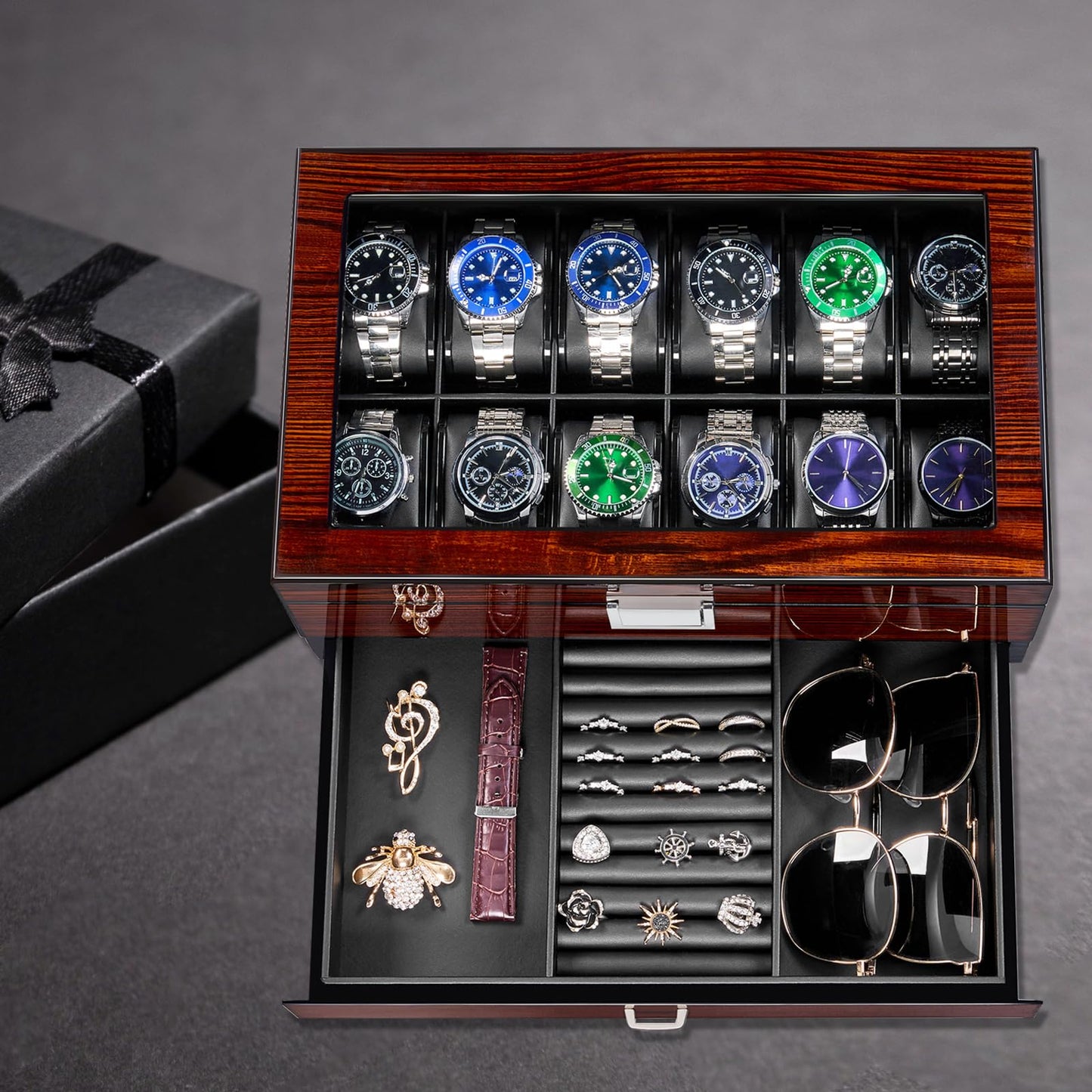 BEWISHOME Watch Box 12-Slot, Watch Case with Large Glass Lid