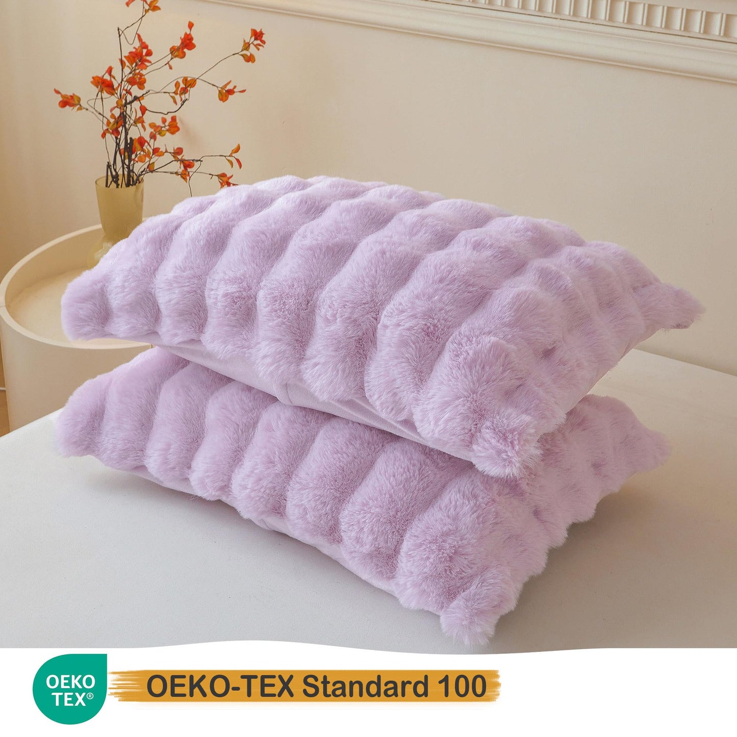 LIFEREVO 2 Pieces Fluffy Faux Rabbit Fur Pillow Cases, Luxury Soft Plush Shaggy Bubble Pillowcases Standard Size with Zipper, Furry Fuzzy Long Pillow Shams for Adult Girls Kids Teens 20x26, Lavender