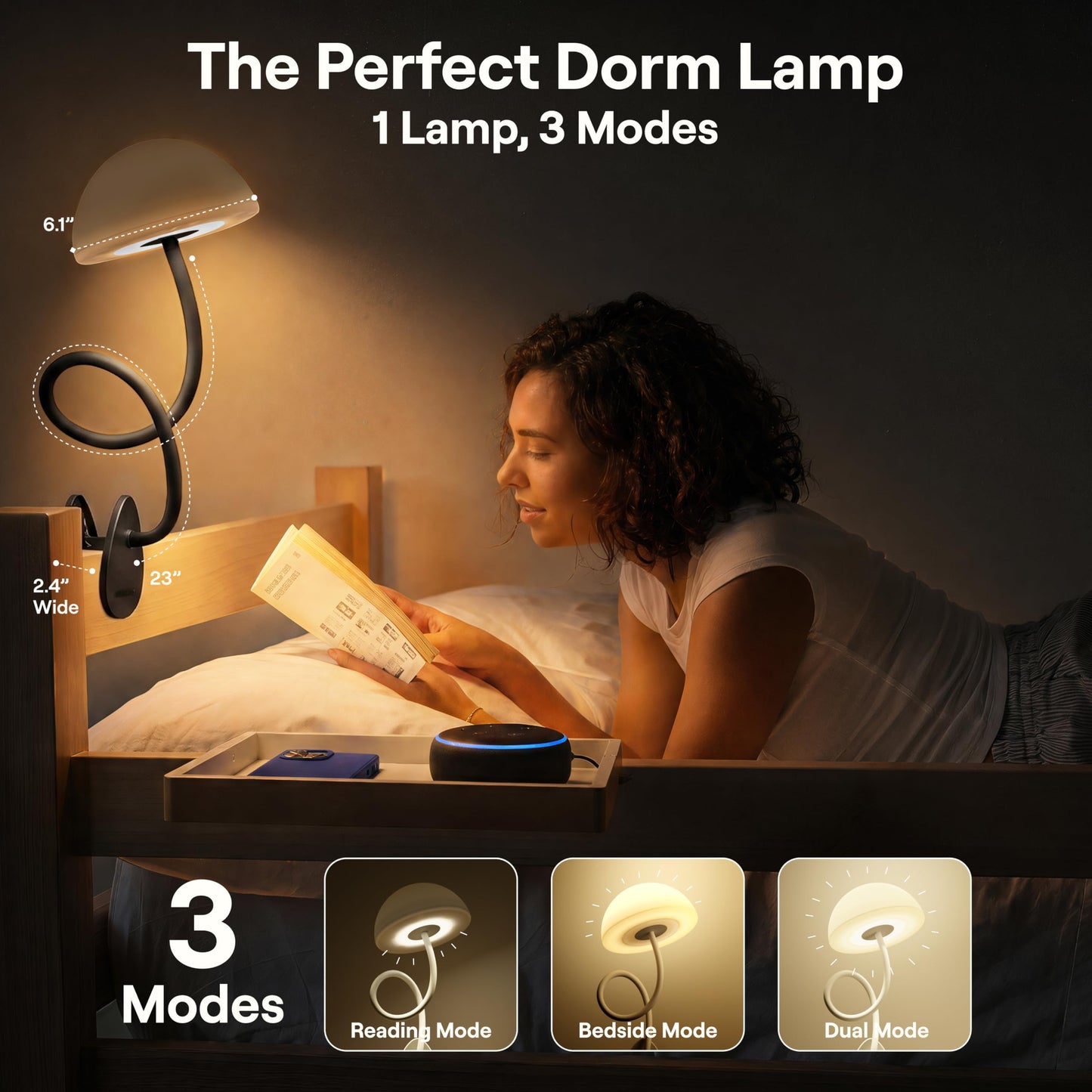 Shroommate Dorm Room Essential Clip On Bed Light - Headboard and Bedside Table Lamp, Flexible Reading Lamp, Night Light for Kids Nursery, Clip on for Desk, MultiColor LEDs, Adapter Included (Black)