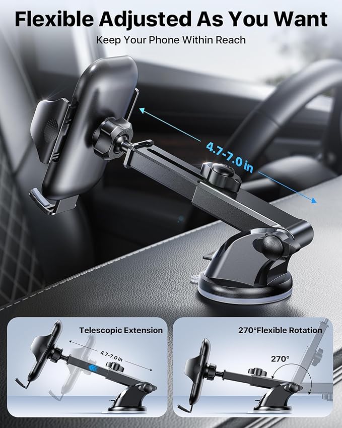 andobil Car Phone Holder, 2025 Military-Grade 89lbs Strongest Suction Phone Holders for Your Car Dashboard/Windshield/Vent Easy Clamp Cellphone Holder Truck Stand for iPhone 17 16 15 Pro Samsung Grey