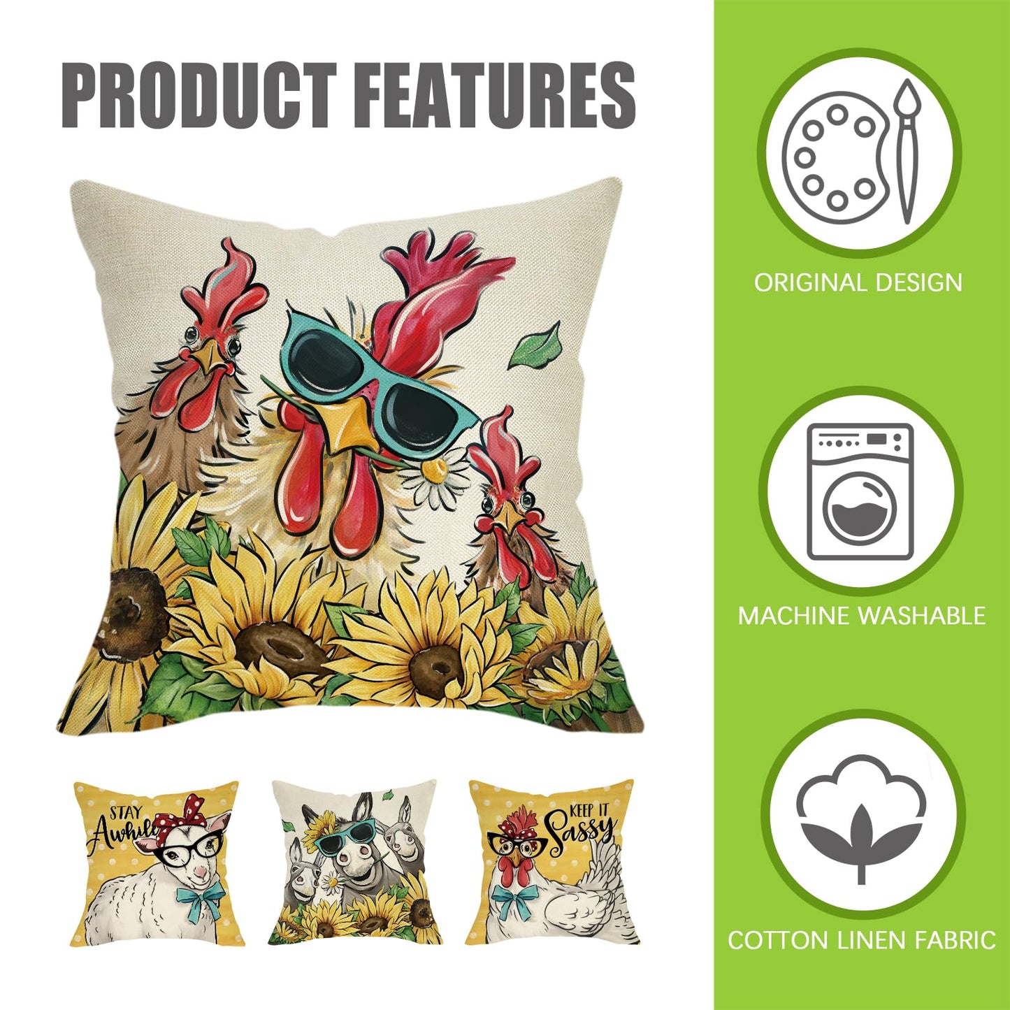 Fahrendom Funny Farm Animals Decorative Throw Pillow Covers 18x18 Set of 4, Spring Summer Rooster Sheep Donkey Sunflower Outdoor Pillowcase, Keep It Sassy Stay Awhile Fall Cushion Case Home Decor