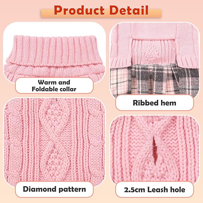 YUDODO 2 Pack Small Dog Sweater Dress with Bowtie Turtleneck - Knitted Pet Girl Dog Winter Clothes - Pet Warm Sweater for Puppy Yorkies, Chihuahua (XL Grey+Pink)