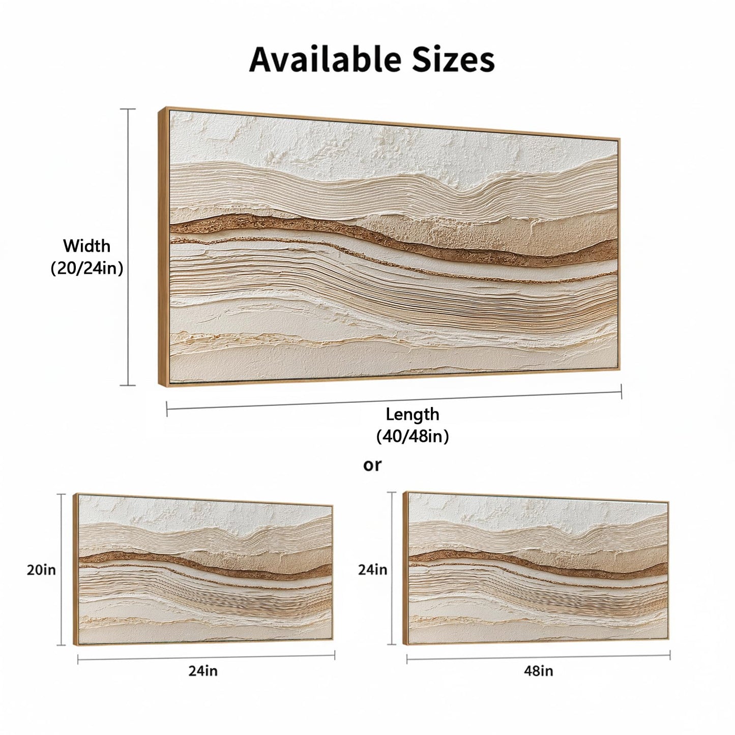 Sorbrozo 3D Abstract Textured Wall Art 24x48 Inch Framed Neutral Beige and Gold Wavy Landscape Canvas Print Modern Decor for Living Room Bedroom & Office