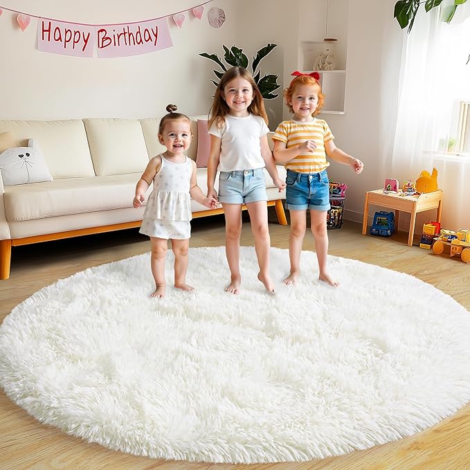 Round Fluffy Rugs 8Ft for Girls Bedroom, Cream White Shag Circle Kids Rug Non-Slip for Bedside Dorm Nursery Playroom, Soft Cute Area Rugs for Living Room Decor