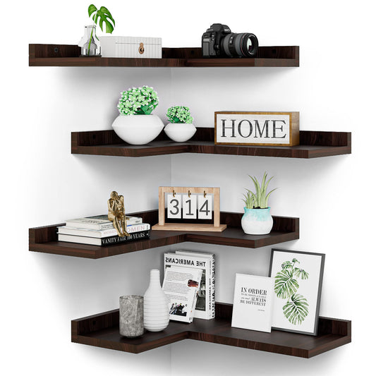 4 Tier Floating Corner Shelves Set of 4, Rustic Pine Wooden Floating Corner Wall Shelf for Wall Décor Storage, L Shaped Corner Shelf Wall Mount For Bedroom, Living Room, Bathroom, Kitchen, Red Brown.