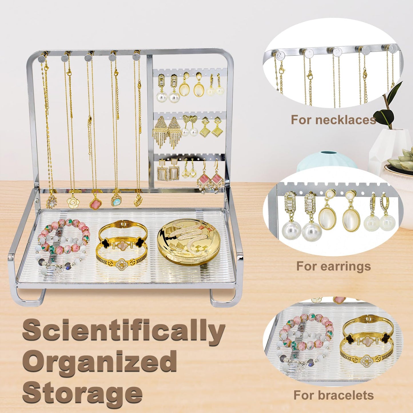 KOOAAICCHI Jewelry Organizer Stand Metal Jewelry Rack with Acrylic Tray Necklace Storage Holder Fashionable Display Stand for Rings, Earrings & Bracelets (Silver)