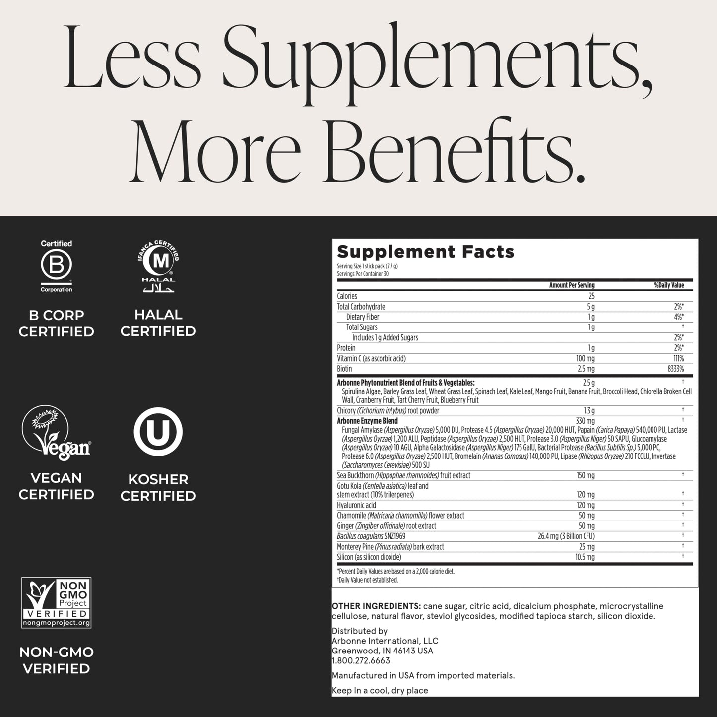 Arbonne Vegan Greens Powder – Citrus-Flavored GSE with 13 Digestive Enzymes, Vegan Collagen Builder, Probiotics, and Prebiotics – Gut Health and Skincare – 30 Stick Packs