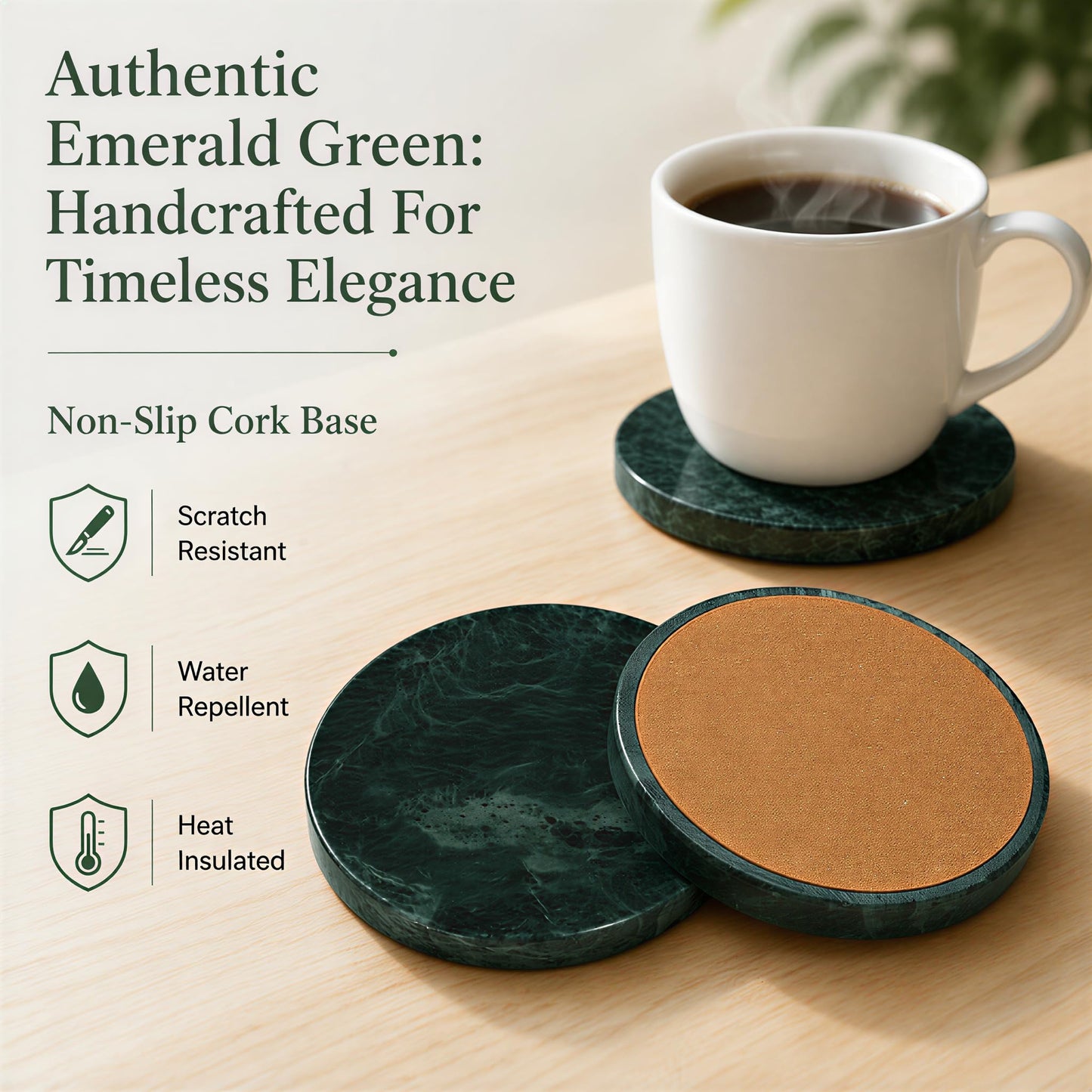 CASACOUTURE Green Marble Coasters Set of 4, Natural Stone Drink Coasters 4 Inch Round, Non-Slip Cork Bottom, Heat & Water Resistant, Protects Table Surfaces, Elegant Home Decor — Housewarming Gift