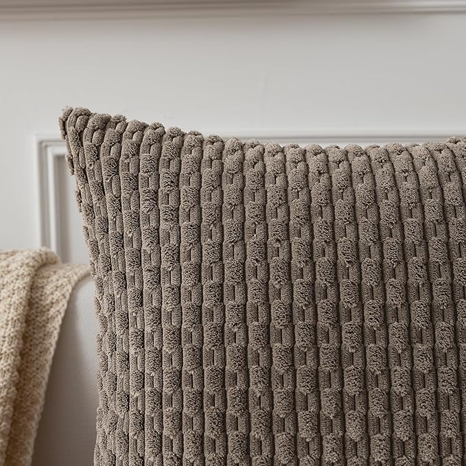 Kevin Textile Throw Pillow Covers Soft Corduroy Decorative Set of 2 Boho Striped Pillow Covers Pillowcases Farmhouse Home Decor for Couch Bed Sofa Living Room 16x16 Inch Light Brown