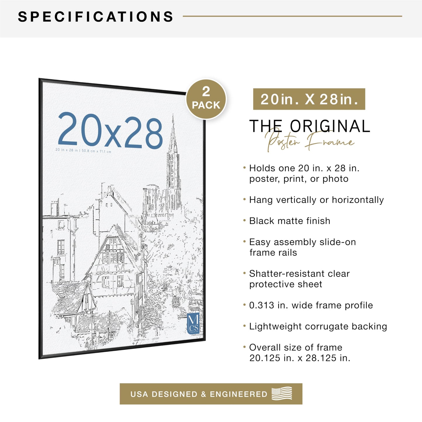MCS Original Poster Frame 20x28 Black Lightweight Vertical & Horizontal Wall Hanging Large Picture Frame for Posters, Art Prints & Gallery Wall (2-Pack)