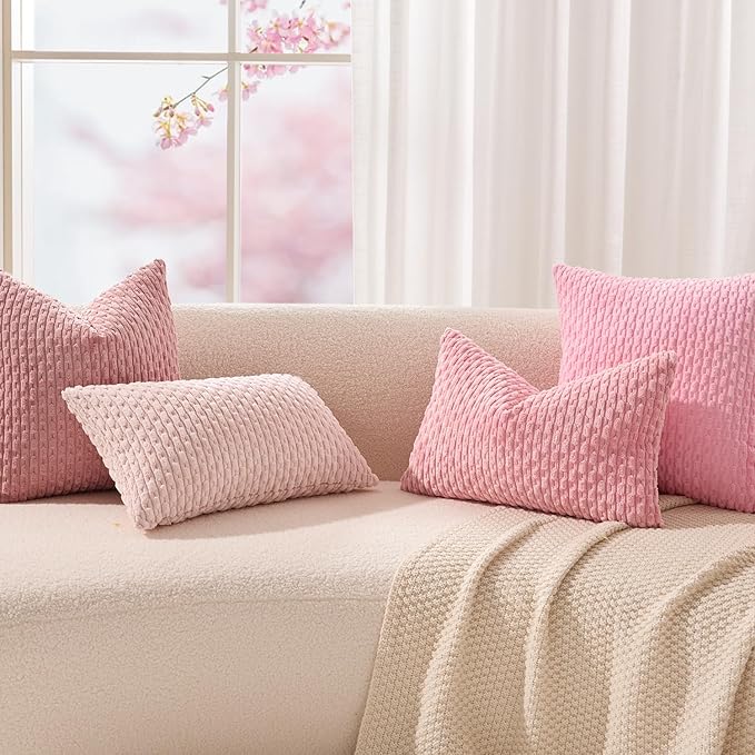 Kevin Textile Valentines Day Decorative Pillow Covers Set of 2 Striped Plush Corduroy Pillows Pillowcases Boho Home Decor Cushion Covers for Couch Sofa Bed Living Room 24x24 Inch, Dark Pink