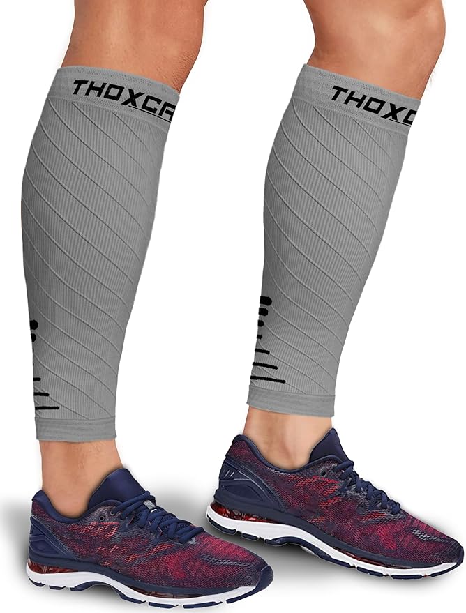 Thoxcare Calf Compression Sleeve for Men Women (1 Pair), Leg Support Footless Compression Socks for Running - Shin Splint Varicose Veins Swelling & Pain Relief, Gray/Black, Small