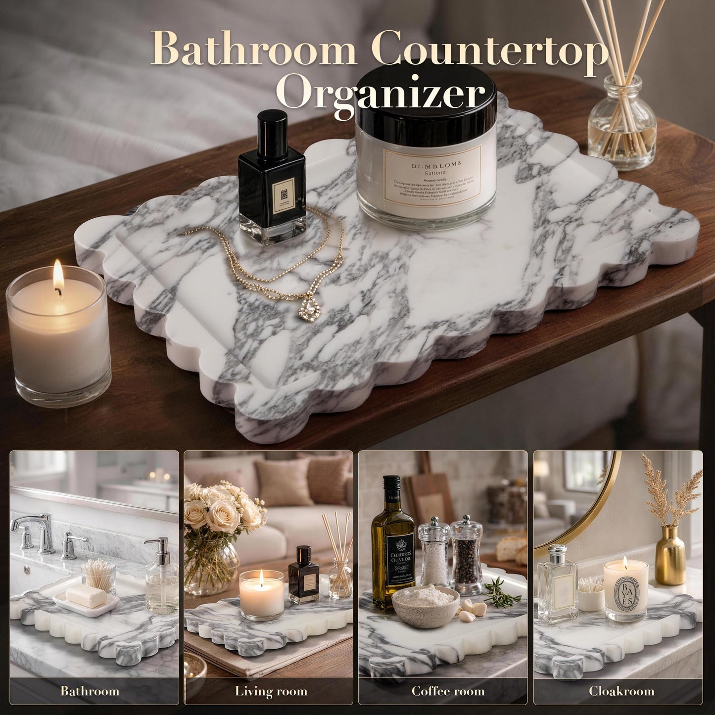 Natural Marble Bathroom Tray, 11.8” x 8" Calacatta Marble Perfume Tray, Black Marble Vanity Tray for Bathroom, Dresser, Kitchen, Cosmetics, Jewelry & Home Decor