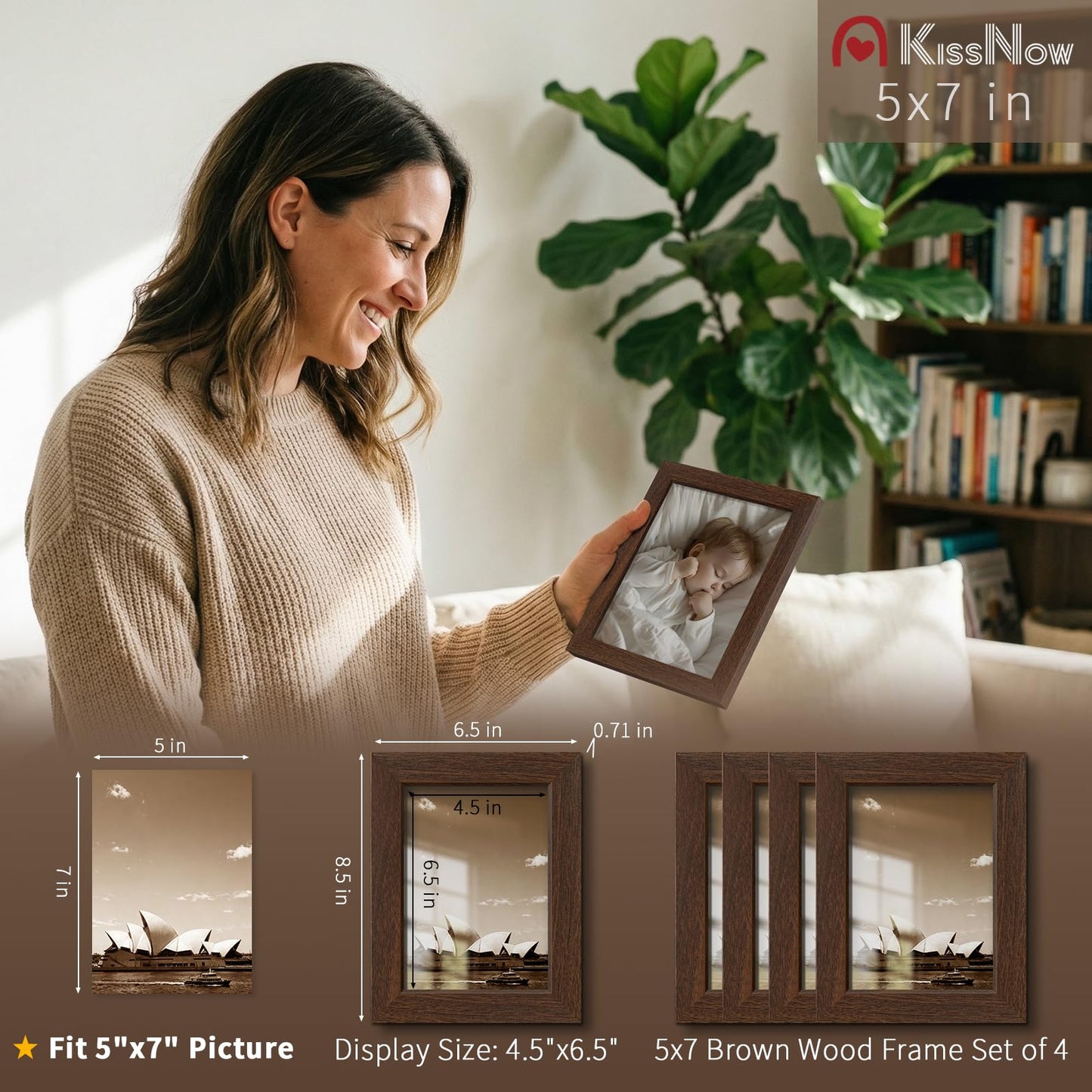 KissNow 5x7 Picture Frame 4 Pack, Brown Wood 7x5 Frame, Tempered Glass, Vertical or Horizontal Tabletop Display for Photos & Art Prints