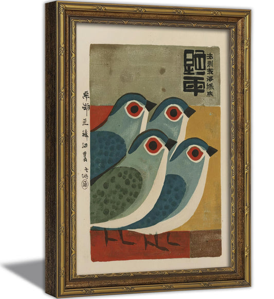 Vintage Gold Framed Abstract Birds Canvas Wall Art Japanese Woodblock Style Painting Picture Wall Decor Minimalist Poster Print Artwork for Living Room Bedroom Home Decoration 9x11 Inch