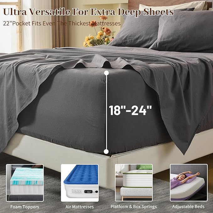 MEISHANG 100% French Pure Linen Sheets California King Size - Extra Deep Pocket Sheet Set, Soft Durable Flax Linen, Anti-Tear Breathable & Oeko-Tex Certified 18-24 Deep Pocket,All Season(Dark Grey)