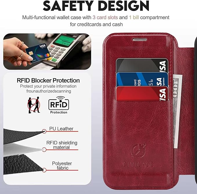 CIVICASE for iPhone 14 Pro Max Wallet Case with Stand,PU Leather Flip Credit Card Holder Slots (RFID Blocking),Compatible with Magsafe Magnetic Holder Phone Cover Women Men,Wine Red