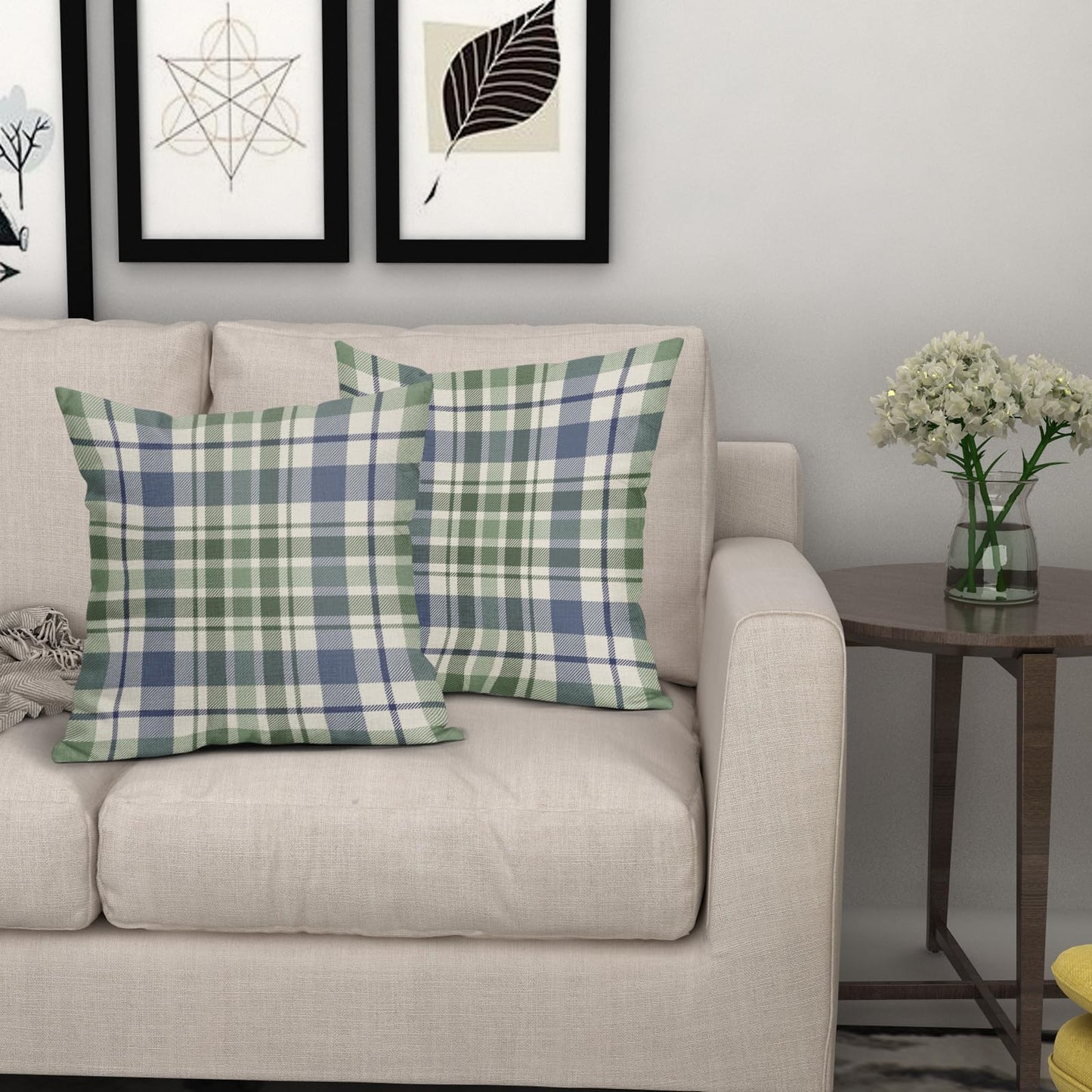 Aytipun Blue Sage Green Spring Plaid Pillow Covers 18x18 Set of 2 Seasonal Tartan Buffalo Plaid Holiday Print Decorative Outdoor Pillowcases Farmhouse Summer Throw Cushion Case Couch Sofa Bed Decor