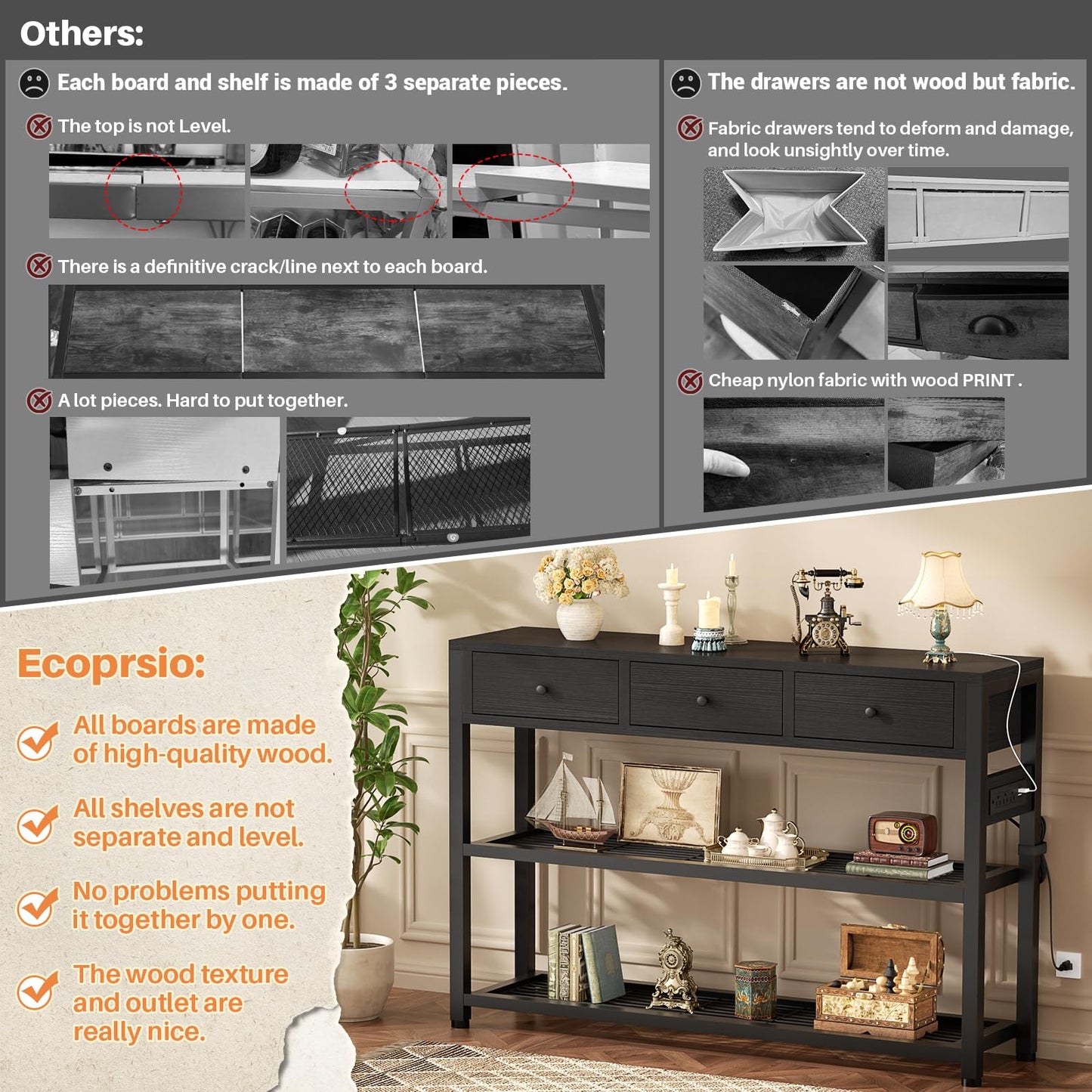 Ecopriso 47'' Entryway Table with Outlets and USB Ports, Console Table with 3 Drawers, Sofa Table Narrow Long with Storage Shelves for Living Room, Couch, Hallway, Foyer, Kitchen Counter, Black