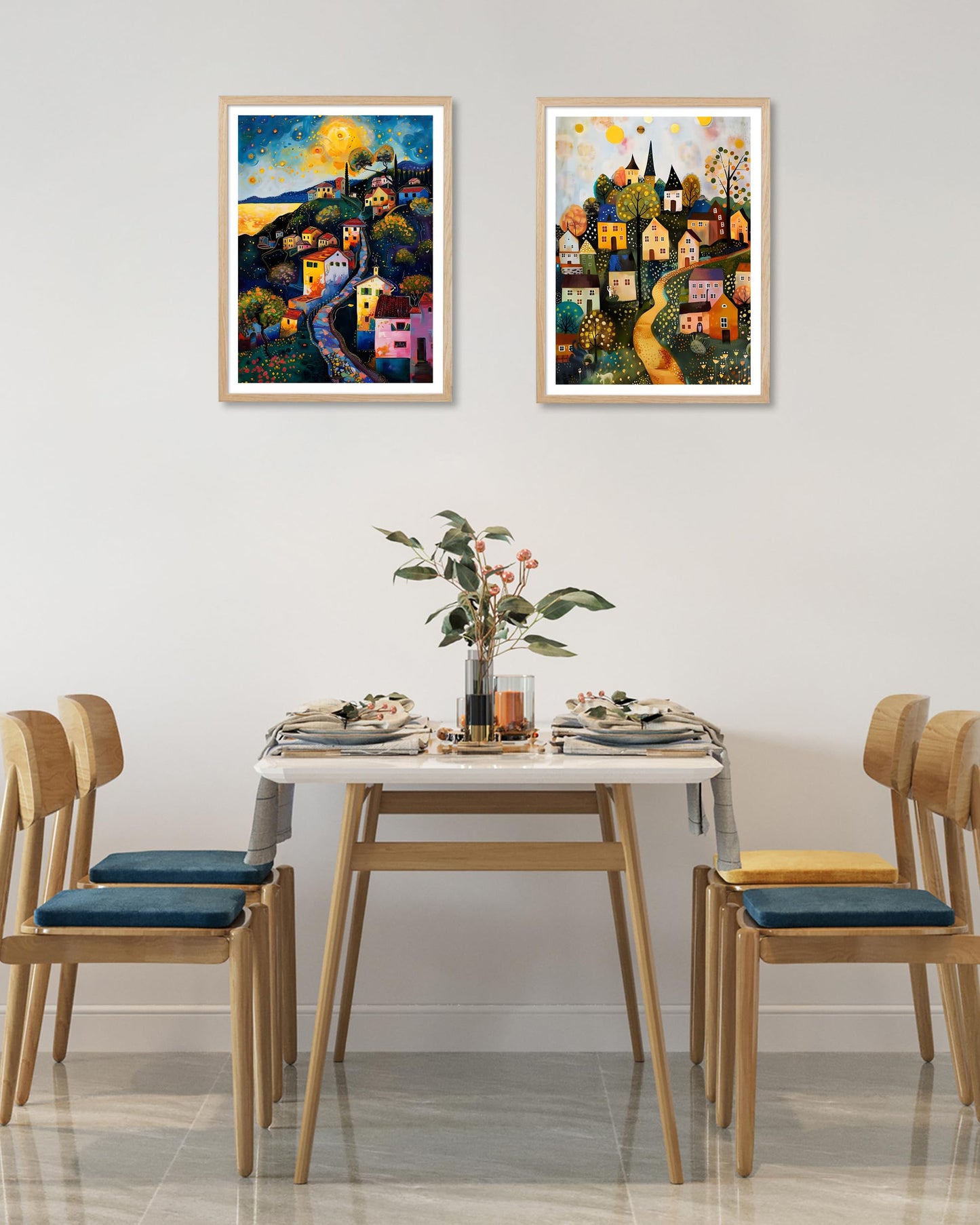 HesenDot Night Village Framed Wall Art,12x16in Natural OAK Wood
