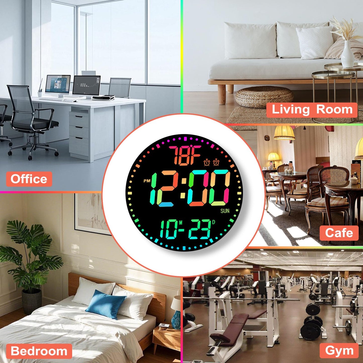 QINFIEY Large 12" RGB Color Changing Digital Wall Clock with Remote Control | LED Display Plug-in Clock with 3 Brightness Levels & Temperature Display | Perfect for Home, Gym, Classroom, Office