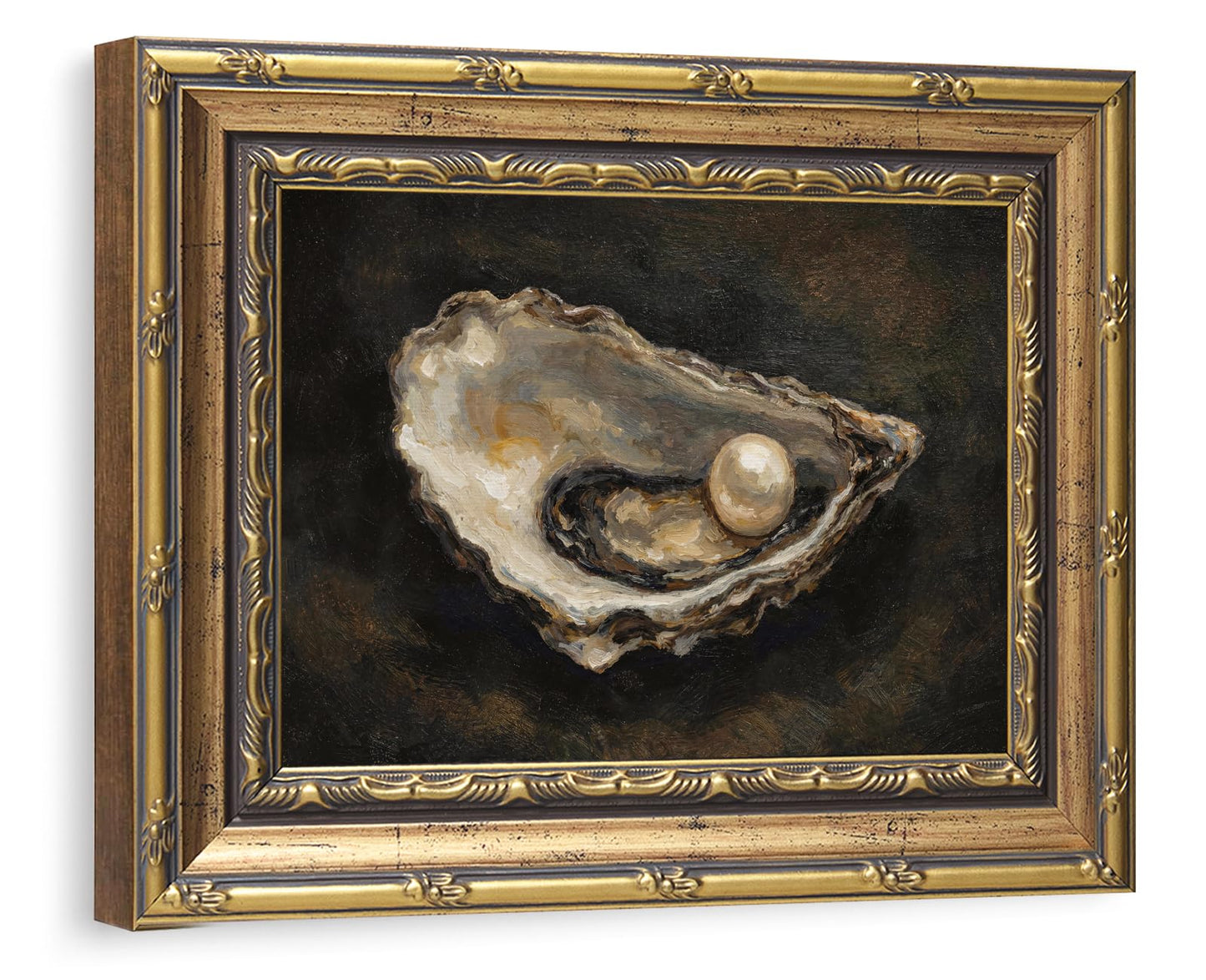 Gold Framed Wall Art Classical Pearl Oyster Painting for Kitchen Countertop Decor French Country Still Life Picture Ornate Framed Canvas Artwork for Dining Room 8x10 Inch