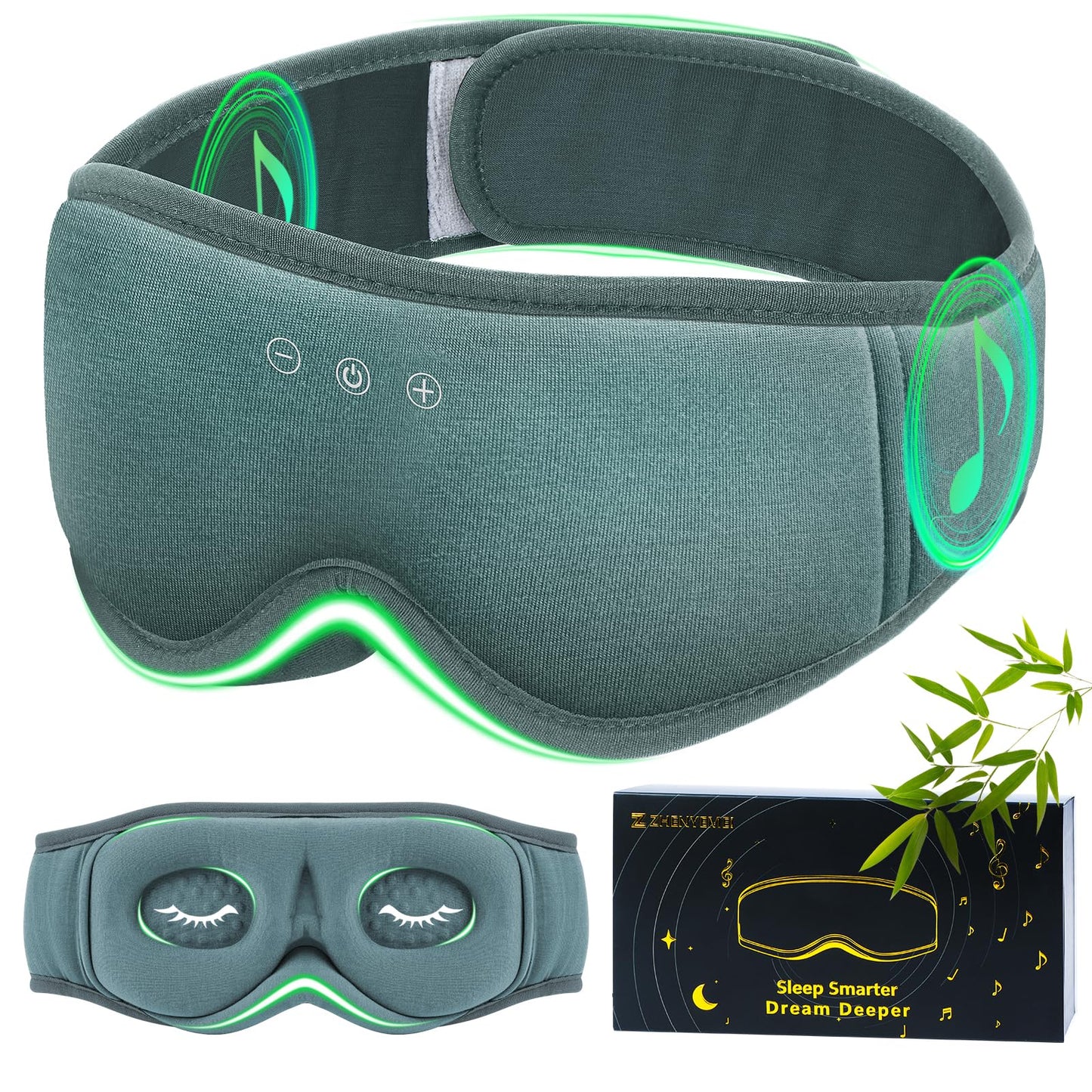 Bamboo Cotton Large Sleep Mask with Bluetooth Wireless Headphones - Blackout Eye Mask for Sleeping 3D Contoured Sleep Eye Cover Headband Ear Plugs Low Noise Hook for Men Women Better Experience (Grey)