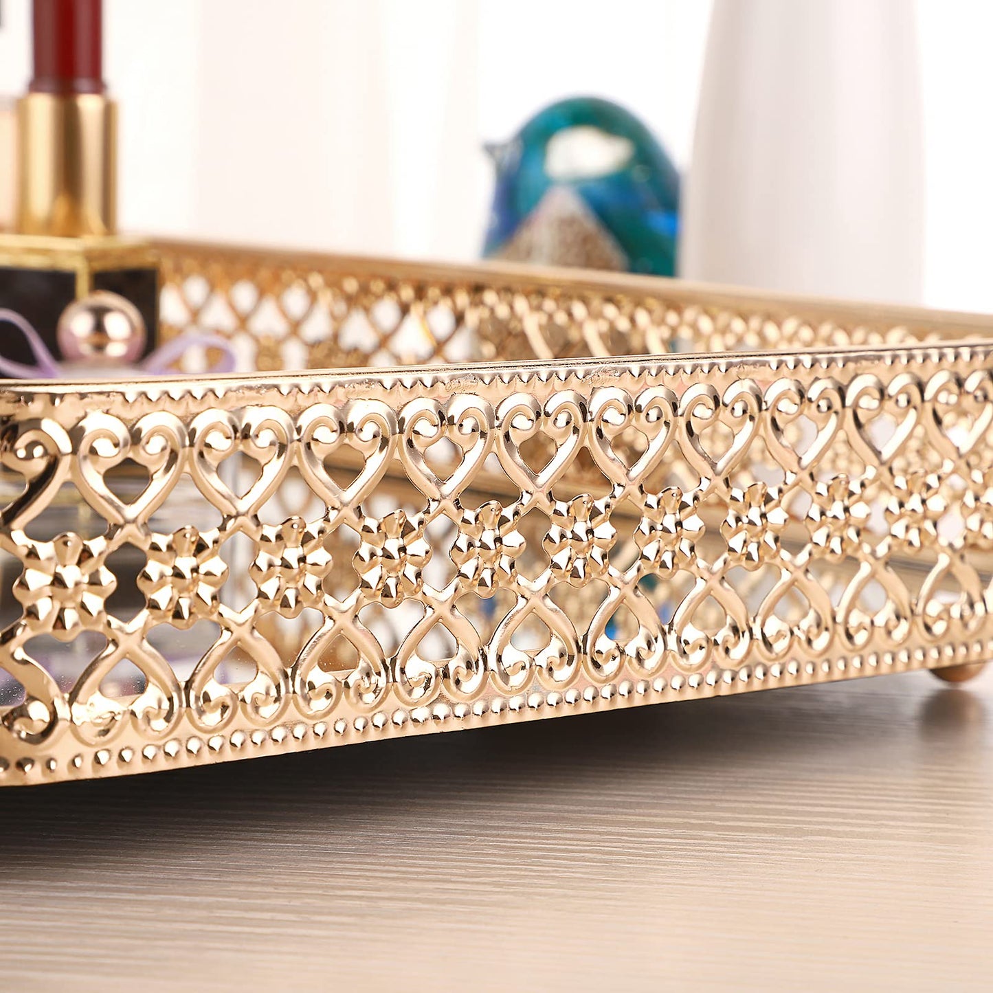 ELLDOO Perfume & Makeup Vanity Tray - Hollow-Carved Jewelry Storage, Glass & Metal Trinket Organizer for Dresser & Bathroom Countertop, Gold, Medium Size