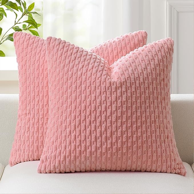 Kevin Textile Valentines Day Decorative Pillow Covers Set of 2 Striped Plush Corduroy Pillows Pillowcases Boho Home Decor Cushion Covers for Couch Sofa Bed Living Room 24x24 Inch, Dark Pink