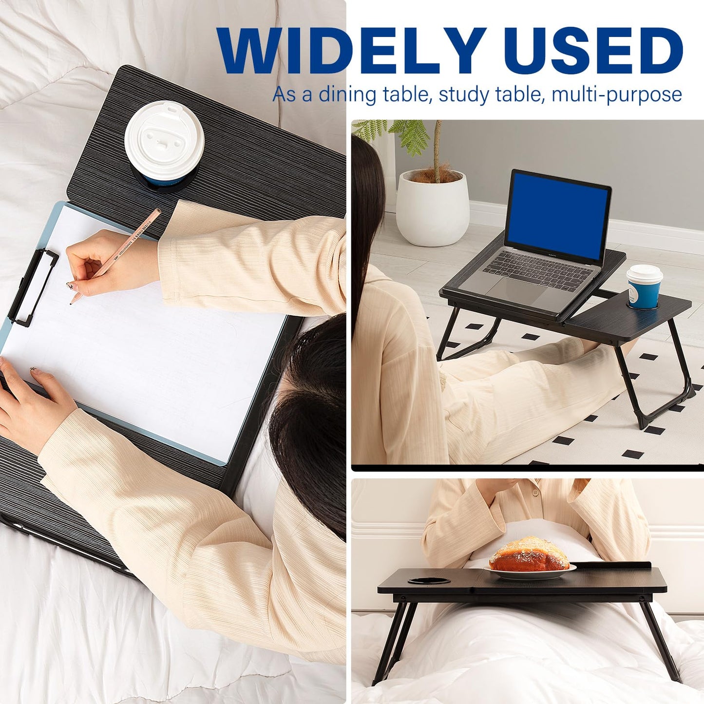 Laptop Desk for Bed Couch, Adjustable Foldable Bed Table with Cup Holder, Breakfast Serving Tray, Portable Laptop Lap Desk Stand for Working Reading Writing Eating Gaming in Bed Sofa Floor(Black)