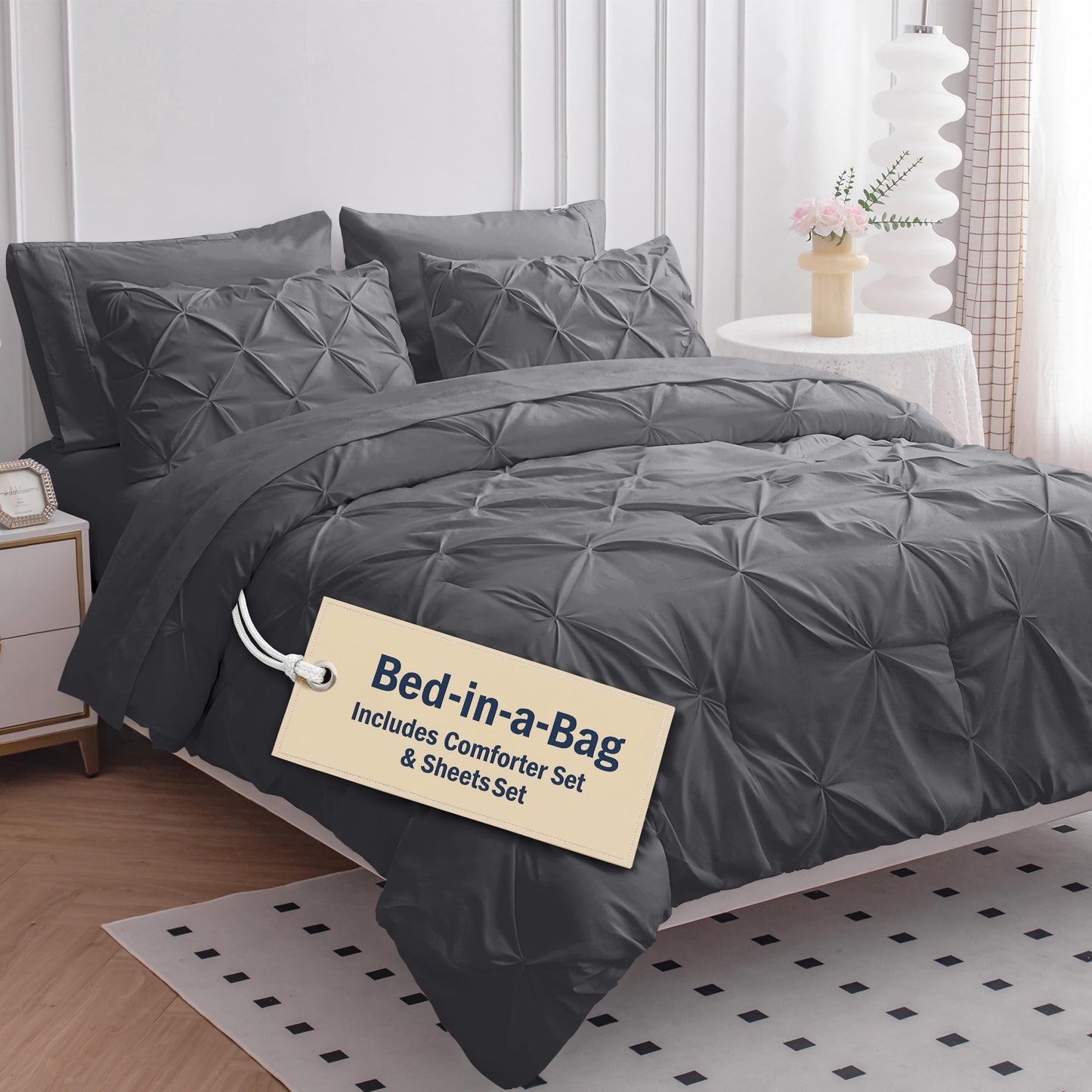 LANE LINEN Queen Comforter Set - 7 Pc Bed in a Bag, Ultra Smooth Microfiber All Season - Queen Comforter Set with Sheets, Pillowcases & Shams - Very Soft Bedding for Daily Sleep - Grey
