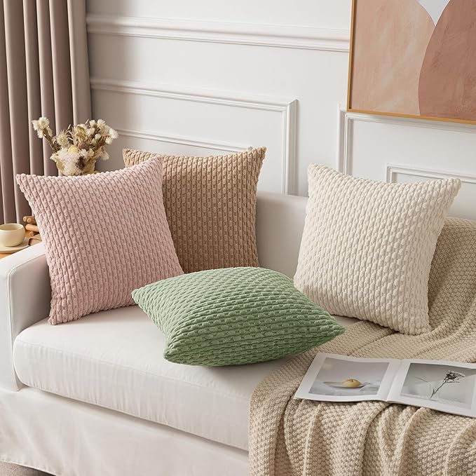 Kevin Textile 2 Packs Spring Sage Green Euro Farmhouse Decorative Throw Pillow Covers 26x26 Inch for Living Room Couch Bed Sofa Rustic Boho Home Decor Soft Striped Corduroy Square Cushion Case