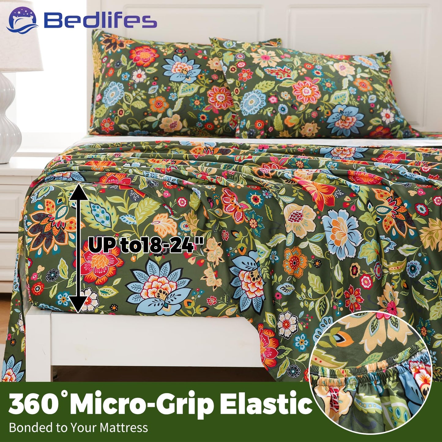 Bedlifes Extra Deep Pocket 18-24" Queen 4-Piece Sheet Set - Cooling Sheets Blend Rayon Derived from Bamboo Soft & Breathable Floral Dark Green