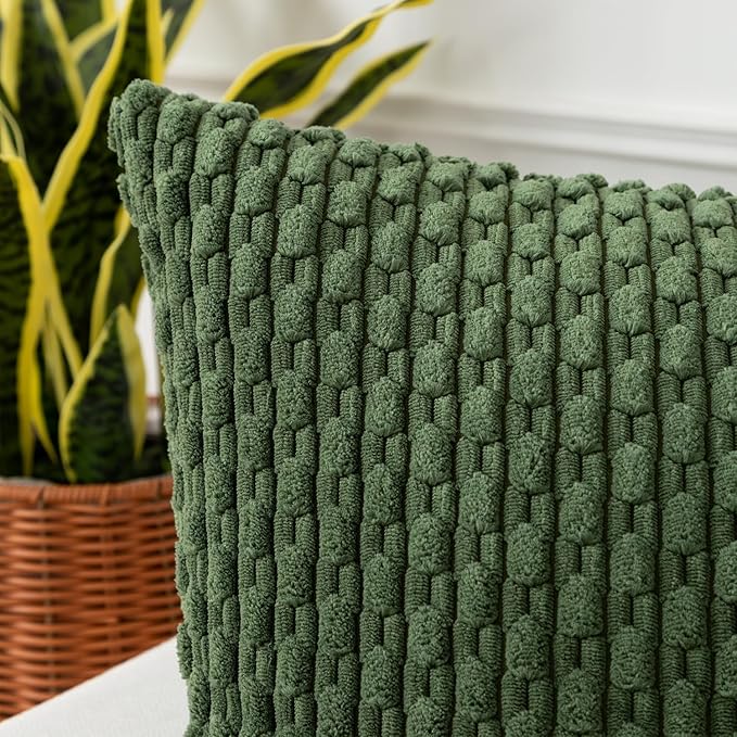 Kevin Textile Throw Pillow Covers Soft Corduroy Decorative Set of 2 Boho Striped Pillow Covers Pillowcases Farmhouse Home Decor for Couch Bed Sofa Living Room 22x22 Inch Moss Green