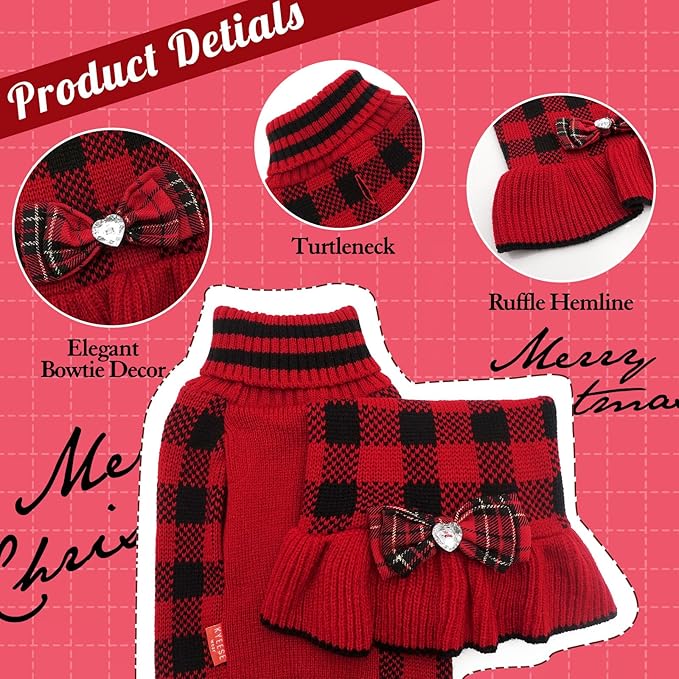 KYEESE Dog Christmas Sweater Dress with Bowtie Checkered, Turtleneck Dog Sweater for Small Dogs Girl with Leash Hole, Holiday Warm Pet Sweaters Dress, Red, Medium