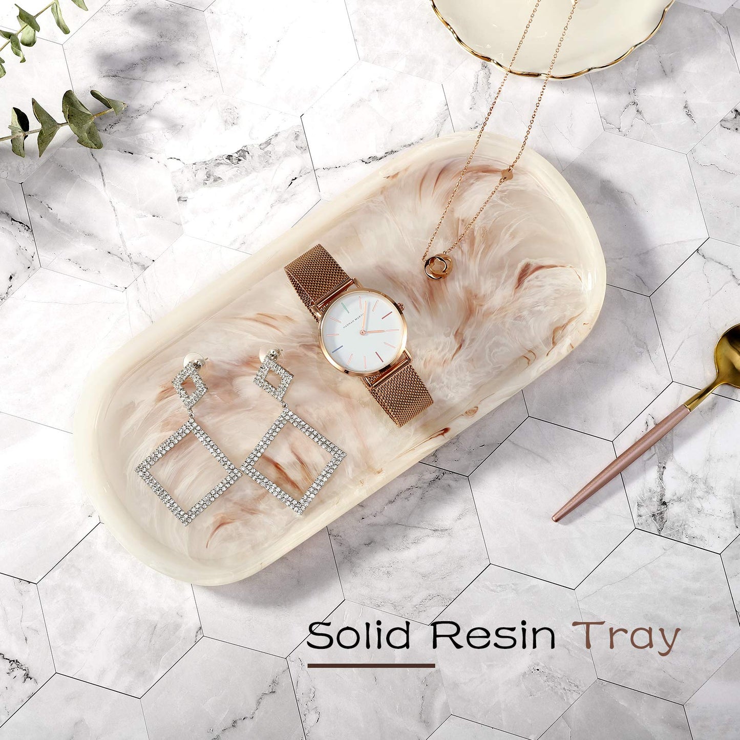 Emibele Jewelry Organizer Oval Resin Tray, Bathroom Kitchen Dresser Vanity Tray Jewelry Dish Ring Holder Cosmetic Organizer for Candle Perfume Soap Shampoo Small Plant Home Decor, Ink Khaki