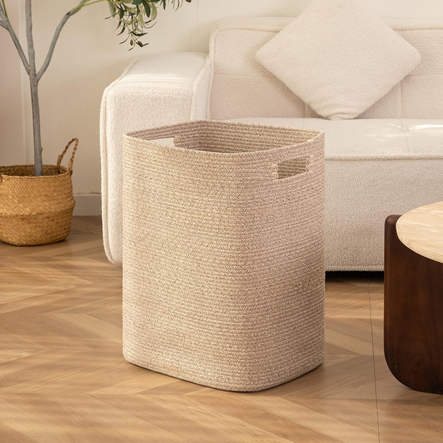 OIAHOMY Laundry Hamper, Rectangle Cotton Laundry Basket with Handles, Large Blanket Basket for Living room, Woven Decorative Storage for Toys,Clothes,Pillows-16x13x22in-Brown variegated
