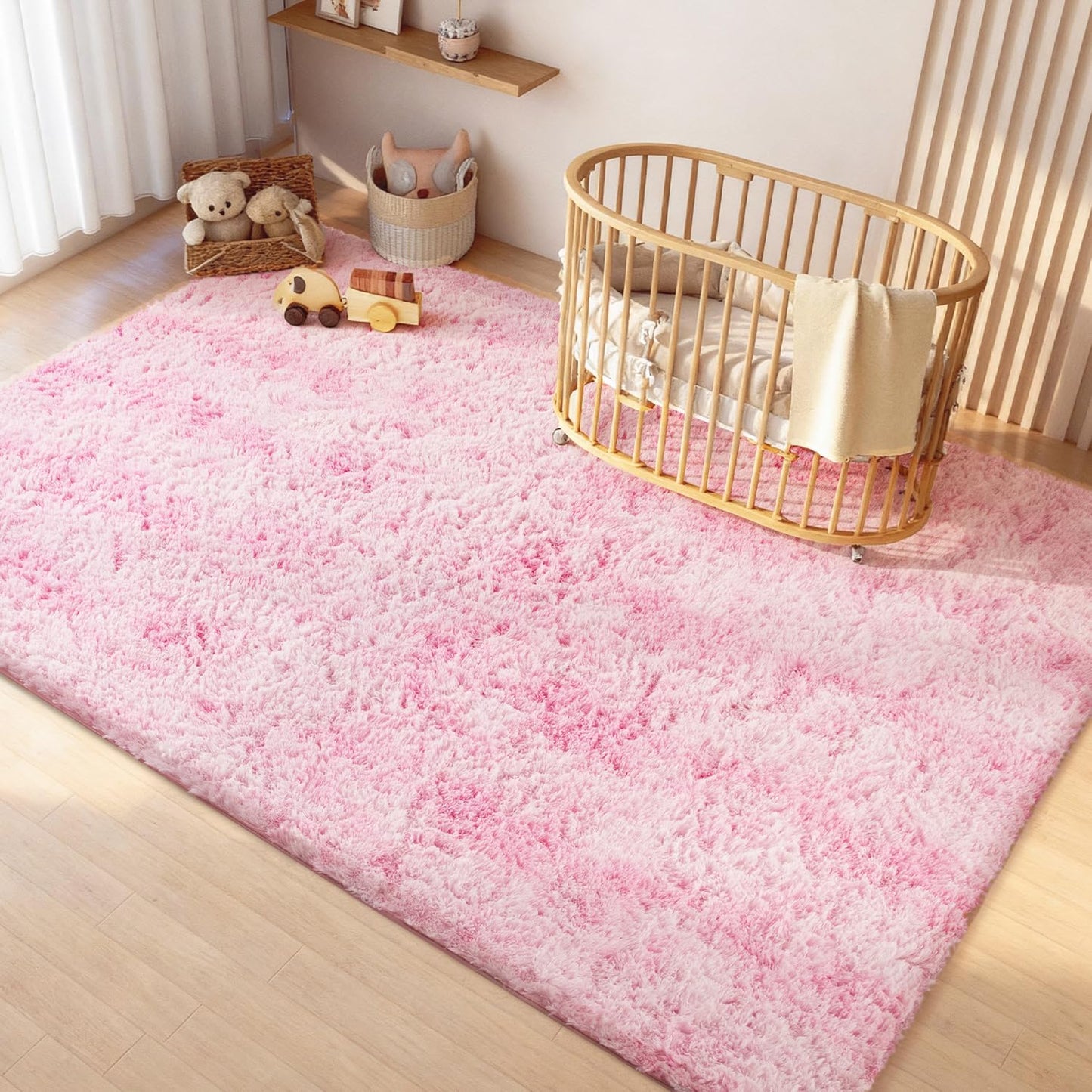 Litanika 3x5 Fluffy Shag Faux Fur Area Rug for Living Room Bedroom, Tie-Dyed Pink High Pile Soft Plush Shaggy Furry Bedside Playroom Dorm Carpet, Non-Slip, Non-Shedding Modern Indoor Floor Rug