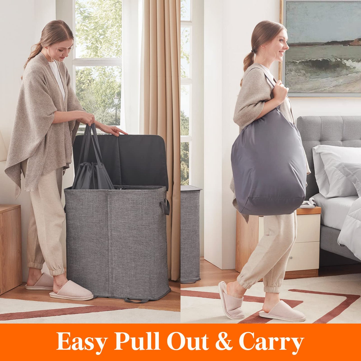 Lifewit Double Laundry Hamper with Lid and Removable Laundry Bags, Large Collapsible 2 Dividers Dirty Clothes Basket with Handles for Bedroom, Laundry Room, Closet, Bathroom, College, 136L Gray